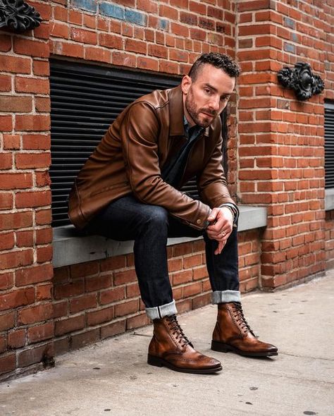 Thursday Boot Company on Instagram: "Capping Off The Week In Walnut, The Keanu Way @meeeotch 💪. 📸 @ishgarridophoto #ThursdayBoots #JacketStyle #Walnut" Thursday Boots Men Outfits, Brown Boots Outfit Men, Work Boots Outfit, Brown Leather Jacket Outfit, Brown Boots Outfit, Leather Jeans Men, Boots Men Outfit, Thursday Boot Company, Brown Leather Jacket Men