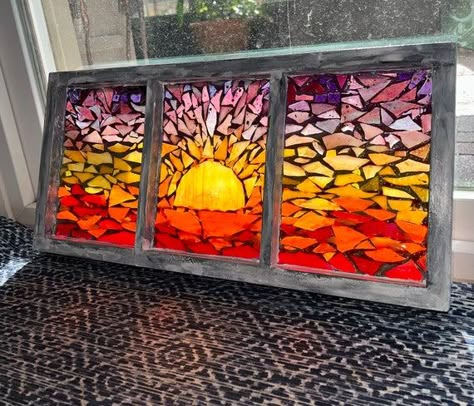 Mosaic Window Art, Mosaic On Window Pane, Mosaic On Old Windows, Stained Glass Sunset Over Water, Window Mosaic Ideas, Mosaic Sunset Over Water, Mosaic Stained Glass Windows, Fused Glass Wall Art Ideas, Mosaic Landscapes Ideas