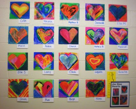 Art work is starting to pop up in the hallways of SJV!      Here is some colorful and bright oil pastel work done by the 1st graders. We wer... Square One Art Ideas Preschool, Jim Dine Art Projects For Kids, Original Works Fundraiser Art Ideas, Square 1 Art Ideas, Fun Art Lessons, Heart Art Lesson, Valentines Art Lessons, Square One Art, Prek Art