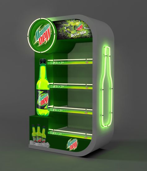 Mountain Dew Bottle Display Gondola Design with the Neon Effect. Gondola Design, Mountain Dew Bottle, Beer Display, Supermarket Display, Pos Design, Module Design, Neon Effect, Retail Design Display, Retail Space Design