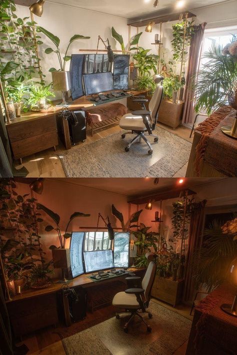 Plant Themed Gaming Setup, Industrial Gaming Setup, Nature Themed Gaming Setup, Earthy Gamer Setup, Academia Gaming Setup, Classy Gaming Room, Forest Pc Setup, Whimsigoth Gaming Setup, Forest Aesthetic Living Room