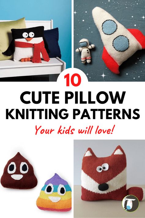 10 Cute Pillow Knitting Patterns: Includes rocket, clouds, alligator, cat, moon, fox, poop emoji (seriously!), penguin, and more animal pillows. 4 free projects, too! Free Cushion Knitting Patterns, Knitting Patterns Pillow, Funny Knitting Patterns, Knitted Pillows Patterns Free, Knit Pillow Pattern Free, Free Toy Knitting Patterns, Diy Owl Pillows, Animal Pillows Pattern, Pillow Knitting Pattern