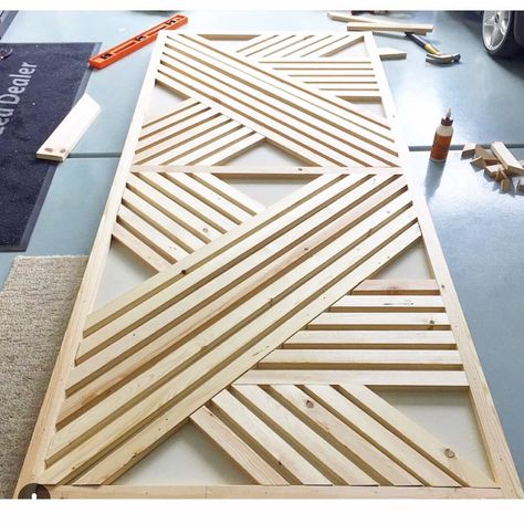 Indoor Door Makeover, Door Makeover Ideas, Geometric Door, Door Makeover Diy, Barn Door Installation, Closet Door Makeover, Diy Shutters, Barn Door Designs, Wood Wall Art Diy