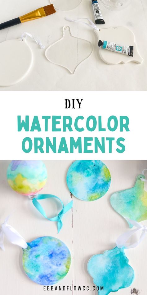 Make beautiful DIY watercolor ornaments for your tree. Get easy tips for using watercolor paint on Christmas ornaments. Watercolor Christmas Crafts For Kids, Hand Lettered Ornaments Diy Christmas, Watercolor Christmas Tree Ornaments, Christmas Ornament Art Project, Watercolor Ornaments Diy, Painting Acrylic Ornaments, Art Class Christmas Ornaments, Painting On Acrylic Ornaments, Diy Ornaments Christmas Paint