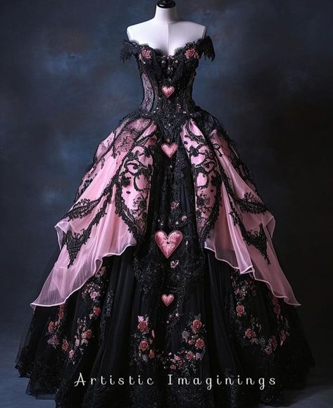 Pink And Black Fantasy Outfit, Black And Pink Goth Wedding, Draculaura Prom Dress, Pink Black Wedding Dress, Black Pink Wedding Dress, Black And Pink Ball Gown, Emo Quinceanera Dresses, Pink Masquerade Outfit, Pink Goth Wedding