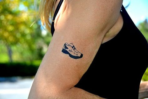 Running Shoe Tattoo, Running Tattoo Ideas For Men, Running Tattoo Ideas, Running Shoes Tattoo, Shoes Tattoo, Shoe Tattoo, Frida Kahlo Tattoos, Runner Tattoo, Running Tattoo