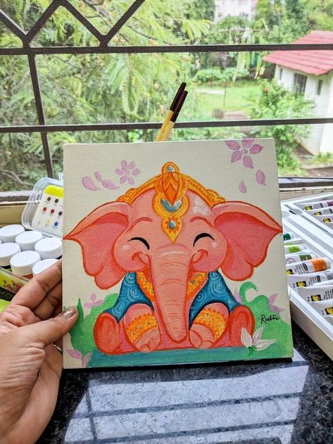 Canvas Painting Ideas Of God, Ganesha Canvas Painting, Ganesh Drawing, 365 Jar, Disney Canvas Art, Ganesh Art Paintings, Abstract Pencil Drawings, Boho Art Drawings, Color Drawing Art