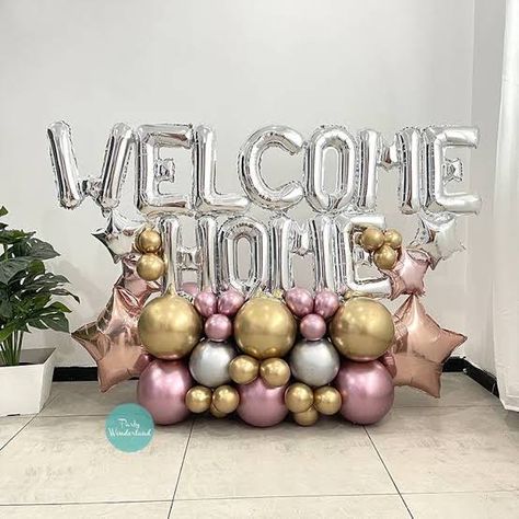 Welcome Home Balloon Decor, Front Door Balloon Decor, Welcome Home Balloon Bouquet, Welcome Back Decorations Home, Welcome Home Balloons Ideas, Welcome Balloon Decoration, Welcome Home Decorations Ideas Party, Welcome Home Party Decorations, Welcome Back Decorations