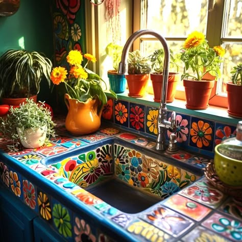 Boho Bloom: Vibrant Floral Sink with Botanical Beauties Floral Sink, Kitchen Sink Inspiration, Bohemian Kitchen Decor, Sink Inspiration, Bohemian Kitchen, Wall Decor Kitchen, Mexican Home Decor, Casa Country, Mexican Home