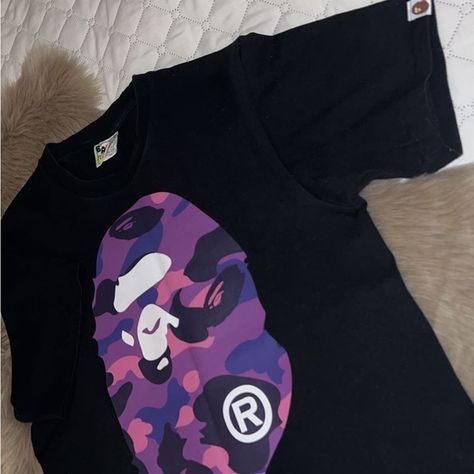 black and purple Bape shirt Purple Bape Hoodie Outfit, Bape Star Purple, Purple Bape Sweater, Long Sleeve Bape Shirt, Wgm Bape Hoodie, Bape T Shirt, Bape Shirt, Bape Outfits, Tshirt Outfits