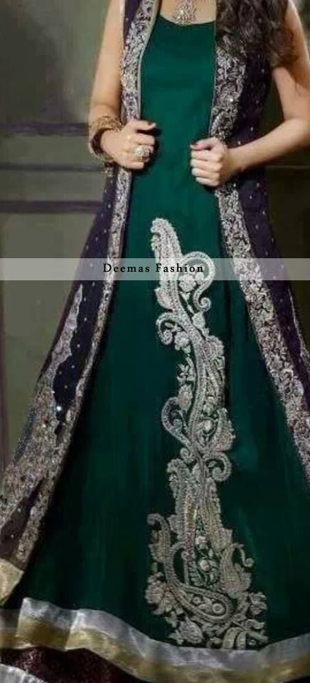 Dark green and silver with dark purple coat Pakistani maxi dress dulhan bridal or simple Open Gown Style, Gown Style Dress, Pakistani Couture, Pakistani Wedding Dress, Salwar Kamiz, Desi Outfits, Pakistan Fashion, Photography Couple, Gown Style