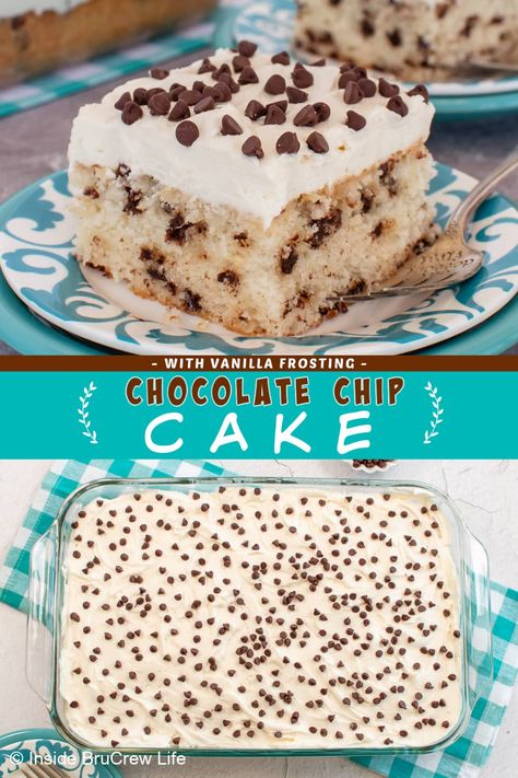 This chocolate chip cake recipe is incredibly easy, guaranteeing a fluffy and moist cake every time. Topped with luscious vanilla frosting and decorated with mini chocolate chips, this cake is an absolute crowd-pleaser. Follow our step-by-step instructions and make this delicious dessert today! White Cake With Chocolate Chips, Easy Chocolate Chip Cake Recipe, Chocolate Chip Cake With Box Cake, Moist Chocolate Chip Cake Recipe, Easy 9x13 Cakes, Best Chocolate Chip Cake Recipe, Vanilla Cake With Chocolate Chips, Choc Chip Cake Recipe, Easy Birthday Treats For Adults