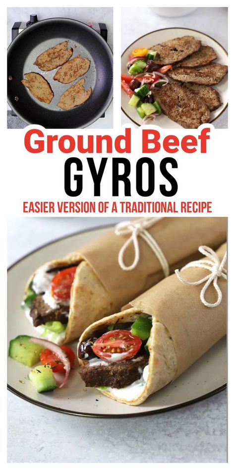 Ground beef made into patties and served with fresh veggies with Pinterest overlay. Ground Beef Gyros Recipe, Beef Gyros Recipe, Lamb Gyro Recipe, Beef Gyros, Ground Lamb Recipes, Gyros Recipe, Beef Gyro, Mediterranean Seasoning, Mediterranean Recipes Healthy