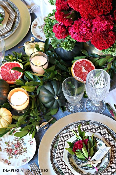 DIMPLES AND TANGLES FALL DECORATING IDEAS REVIEW: PART 1 - Dimples and Tangles Tablescaping Ideas, Tablescapes Thanksgiving, Friendly Village Dishes, Dimples And Tangles, Vintage Dinner, Thanksgiving Tablescape, Table Setting Inspiration, Tablescape Ideas, Faux Pumpkins