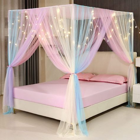 Curtains With Lights, Rainbow Canopy, Princess Curtains, Bed Canopy With Lights, Canopy Bed Drapes, Rainbow Bed, Girls Bed Canopy, Princess Canopy Bed, Bed Drapes