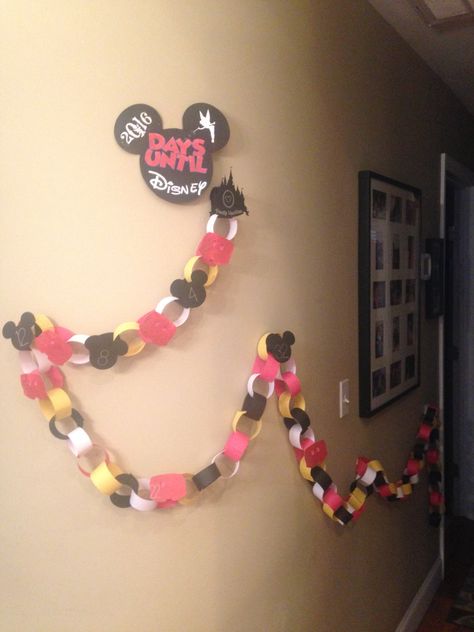 Vacation countdown  Disney  paper chain  Days until Disney                                                                                                                                                      More Diy Disney Countdown Ideas, Disney Countdown Ideas, Disney World Paper Chain Countdown, Disney Window Decoration Ideas, Disney Chain Countdown, Disneyland Countdown Printable, Disney Countdown Chain Printable, Disneyworld Countdown Printable, Disney Vacation Countdown