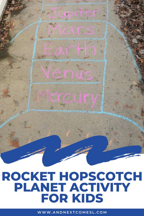 Looking for solar system and planet activities for kids? Why not try a game of rocket hopscotch! It's a great way to get kids moving while learning the order of the planets. Planet Activities For Kids, Planet Activities, Solar System Activity, Order Of The Planets, Planets Activities, Camp Themes, Solar System Activities, Space Week, Weekly Themes