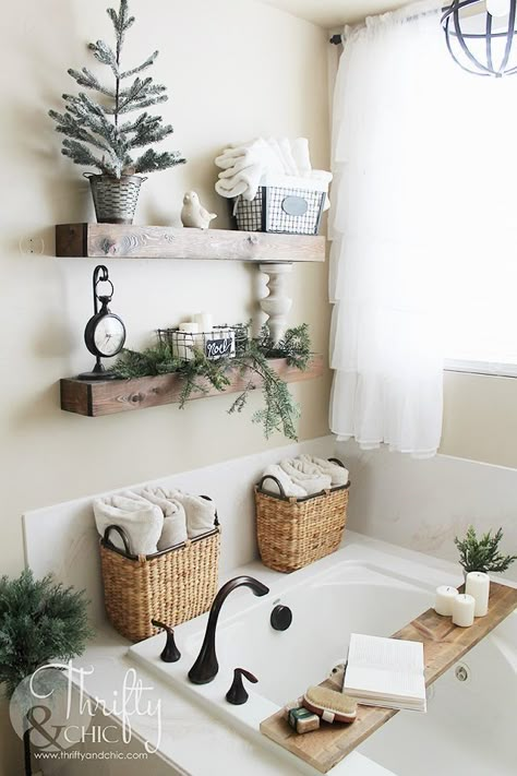 Farmhouse Bathroom Decor Ideas, Christmas Bathroom Decor, Christmas Bathroom, Jacuzzi Tub, White Vanity Bathroom, Cupboard Design, Diy Bathroom Decor, Farmhouse Bathroom Decor, Bath Room