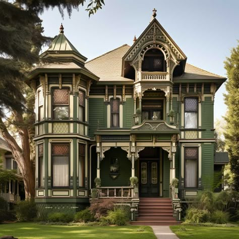 6+ Earthy Green Exterior Paint Ideas for a Natural Aesthetic • 333+ Art Images 50s Style House Exterior, Victorian Homes Paint Exterior, Museum Aesthetic Exterior, Historical Victorian Homes, Exterior Victorian House Colors, Green Victorian House Exterior, Cosy House Exterior, Eclectic House Exterior, Old Victorian Homes Exterior