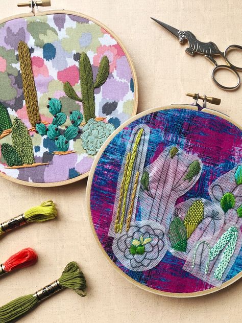 Calling all cactus lovers! Learn beginner and advanced embroider in this cactus inspired workshop with fiber artist Melissa Galbraith of MCreativeJ. This three hour, hands-on workshop covers a variety of beginner-friendly embroidery stitches including the satin stitch, long and short satin stitch, back stitch, reverse chain stitch, leaf stitch, French knot, lazy daisy, couching, needle weaving, and more! Each attendee will receive a full kit. Stick And Stitch Embroidery, Stick And Stitch, Embroidery Workshop, Cactus Embroidery, Learning To Embroider, Diy Embroidery Patterns, Hand Embroidery Kit, Embroidery Materials, Cactus Design