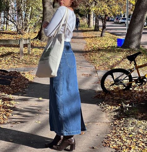 gigi🩰 on Instagram: "ur lil reminder to go vote tomorrow!!🗳💌" Long Denim Skirt Outfit Winter, Denim Skirt Outfit Winter, Long Denim Skirt Outfits, Skirt Outfits For Women, Long Denim Skirt Outfit, Diy Denim Skirt, Fashion Dresses For Women, Denim Skirt Fashion, Brown Heeled Boots