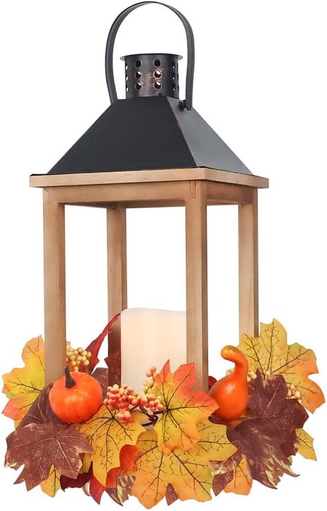 Fall Decorations for Home——Farmhouse rustic lantern is open on the sides and doesn't have any glass, the flameless candle and wreath is included, providing a very soft ambient light. When the battery operated candle is lit it gives the fall vibe especially with autumn leaves. It's a beautiful warm color light. The decorative candle lantern is big enough for a window sill decor. Large Candle Lanterns, Wooden Candle Lanterns, Fall Decorations For Home, Outdoor Thanksgiving, Window Sill Decor, Fall Lantern, Hanging Candle Holder, Rustic Lanterns, Lantern Candle Decor