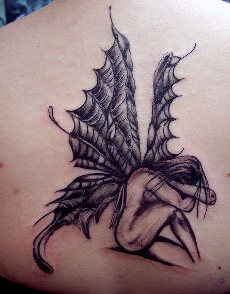 Demon Fairy Tattoo, Dark Fairy Wings Tattoo, Evil Fairy Tattoo, Emo Fairy Tattoo, Dark Fairy Tattoo, Dark Fairy Tattoo Designs, Gothic Fairy Tattoo Designs, Fairy Sitting On Moon Tattoo, Dark Fairy Wings Back Tattoo