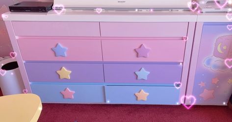 Kawaii Wardrobe Furniture, Danish Pastel Bookshelf, Kawaii Dresser, Pastel Dresser, Kawaii Shelf, Cute Drawers, Rainbow Room Aesthetic, Aesthetic Dresser, Kawaii Furniture