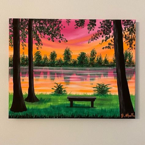 Hand Crafted Art | Hand Crafted Lake Painting Wall Art Home Decor Landscape Trees Pond Sun Mural Art Landscape, Trippy Landscape Painting, Painting Ideas On Canvas Trees, Easy Art Canvas, Canvas Art Painting Wall Decor, Summer Canvas Painting Ideas, Landscape Ideas Painting, Nature Painting Ideas, Summer Paintings On Canvas