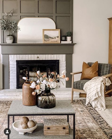 A Warm and Welcoming "Hygge" Home Tour | Thrifty Decor Chick | Thrifty DIY, Decor and Organizing Simple Mantel Decor, Dark Blue Bathrooms, Vintage Fireplace, Thrifty Decor Chick, Decor Steals, Modern Farmhouse Living Room, Hygge Home, Fireplace Wall, Classic Decor