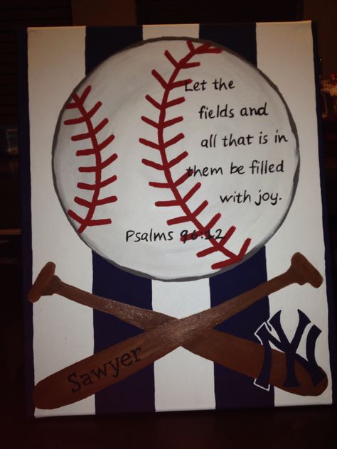 Sports Canvas Paintings, Baseball Canvas Painting, Easy Baseball Paintings On Canvas, Baseball Painting Ideas, Baseball Painting On Canvas, Yankees Painting, Baseball Banquet, Spirit Posters, Baby Boys Room