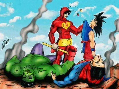 Goku, Superman and Hulk defeated by the Chapulín Colorado (a popular mexican TV show character). Mike Deodato, Goonies, Chicano Art, Jurassic World, Comic Character, Amazing Art, Cartoon Characters, Superman, Google Chat