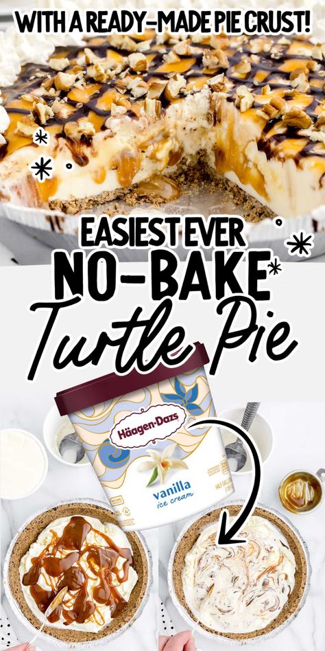 Xmas Desserts Recipes, Turtles Chocolate, Turtle Pie Recipe, Turtle Dessert, Turtle Ice Cream, Turtle Pie, Cookie Dough Desserts, Ready Made Pie Crust, Chocolate Fudge Sauce