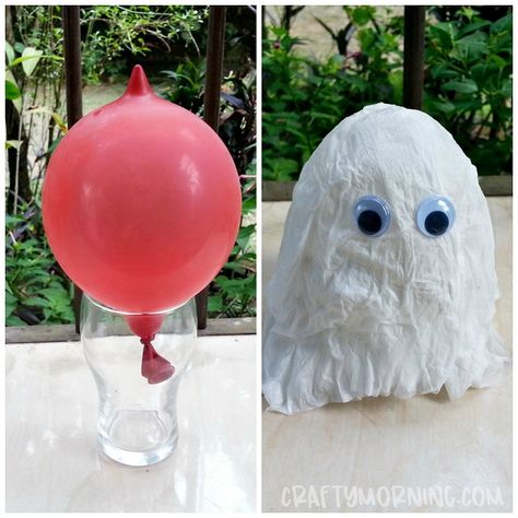 Supplies: Tissue paper or crepe paper Craft glue Balloon Glass or stand to hold the balloon Googly eyes Paint brush Instructions: Blow a balloon and place it on a glass, bottle or anything to hold it still. You can use white tissue paper, crepe paper or cheesecloth to make this ghost. Place the white material … Tissue Ghost Craft, Balloon Ghosts, Halloween Crafts With Tissue Paper, Ghost Balloon Experiment, String Glue Balloon Pumpkin, Link Halloween, Crepe Paper Crafts, Paper Balloon, Ghost Crafts