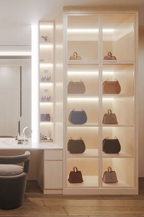 Bag Display Closet, Bag Display Ideas Bedroom, Bag Display Cabinet, Meja Makeup, Skincare Shelfie, Single Wardrobe, Bag Closet, Dream Closet Design, Walk In Closet Design