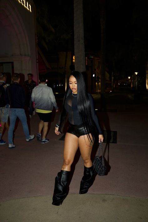 Shorts With Thigh High Boots Outfits, Black Club Outfit Black Women, Baddie Club Outfits Winter, Nye Club Outfit, Going Out Winter Outfits Night Club, Knee High Boots And Shorts, Cute Club Outfits Black Women, Black Baddie Outfits, Houston Outfits Black Women