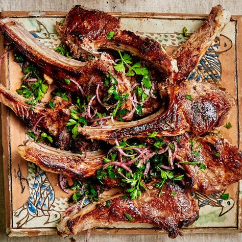 Grilled Lamb Chop Recipes, Parsley Salad, Grilled Lamb Chops, Grilled Chicken Skewers, Lamb Chop Recipes, Specialty Food Store, Lamb Ribs, Magazine Recipes, Grilled Lamb