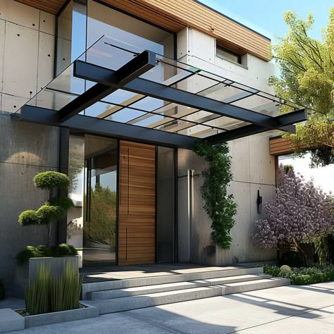 15+ Chic Entrance Canopy Designs for a Welcoming Home Facade • 333+ Images • [ArtFacade] Entrance Shade Design, Entrance Canopy Architecture Modern, Pergola Roof Design, Entrance Cover Front Entry, Elegant Front Porch Ideas, Canopy Entrance Design, Ms Pergola, Canopy Design Architecture, Modern Canopy Design