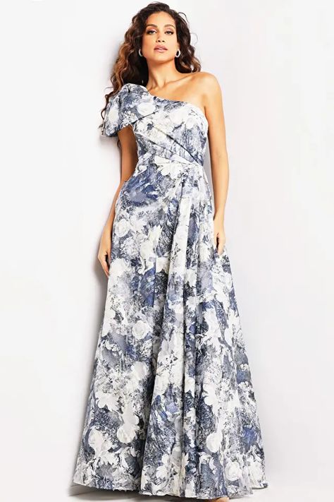 Print One Shoulder A line Dress 25663 Mitzvah Dresses, Informal Wedding Dresses, Mother Dress, Informal Weddings, Dress Couture, Contemporary Dresses, Cocktail Dress Wedding, Printed Gowns, Groom Dresses