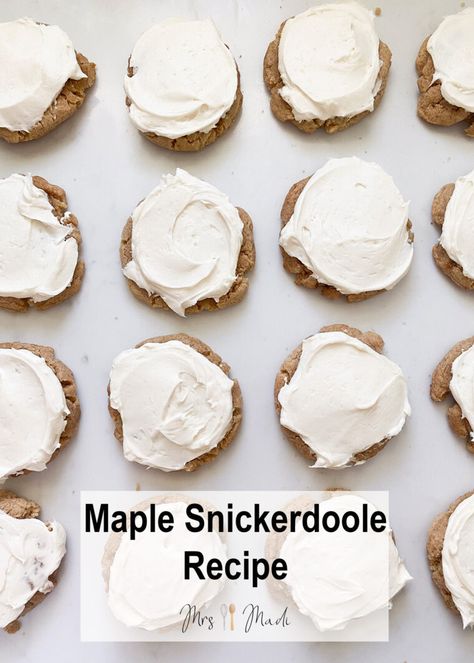 Pin this recipe and bake the most delicious maple snickerdoodles at home!   Click this Pin for the full recipe. Maple snickerdoodle cookies are thick, chewy, browned butter snickerdoodle topped with decadent maple frosting. Maple Snickerdoodles, Maple Frosting, Snickerdoodle Cookies, Browned Butter, Oatmeal Raisin, Snickerdoodles, Brown Butter, Cookie Bars, Cookie Recipes