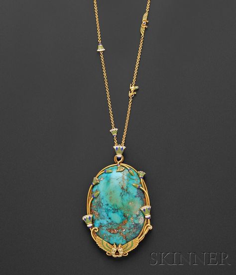 Fine Jewelry | Skinner Auctioneers...estimated at $8,000 to $10,000.... Turquoise Stone Jewelry, Egypt Jewelry, Jewelry Sale, Egyptian Revival, Art Nouveau Jewelry, Classy Jewelry, Gold Earrings Designs, Girly Jewelry, Enamel Jewelry