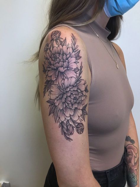 Peony Flower Black And White, Peony Tattoo Shading, Peonies Tattoo Arm, Peony Tattoo On Arm, Black And Grey Shoulder Tattoos, Black Peony Tattoo Cover Up, Peony Shoulder Cap Tattoo, Black And Grey Peony Tattoo, Floral Half Sleeve Tattoo Upper Arm