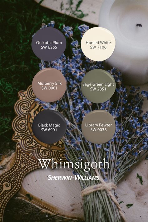 There's a palette for every aesthetic. Order a Sherwin-Williams peel & stick sample in these colors to see how they might look in your space. #sherwinwilliams #paint #painting #diy #renovation #decor #interiordesign #colorpalette #palette #whimsigoth Witch House Paint Colors, Moody Boho Paint Colors, Witchy Wall Paint Colors, Sherwin Williams Paint Colors Dark, Nature Paint Colors, Purple Paint Living Room, Interior Color Palettes, Cottagecore Bedroom Colors, Moody Colors Living Room