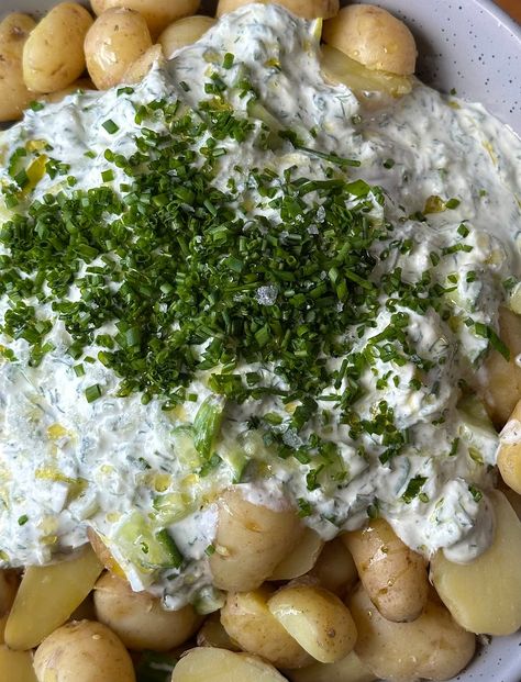 Tzatziki Potato Salad, Dill Pickle Potato Salad, Pickle Potato Salad, Greek Potato Salad, Boiled Baby Potatoes, Potatoe Salad, Potato Side Dishes, Dill Pickle, Mediterranean Recipes