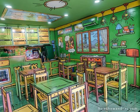 Shading Cartoon, 2d Cafe, Cartoon Furniture, Cell Shading, Pop Art Decor, Art Cafe, Funky Furniture, 2d Art, Cafe Interior