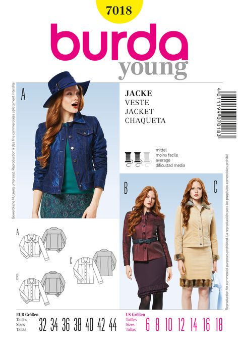 Burda 7018 Jacket  sewing pattern Burda Sewing Patterns, Burda Patterns, Denim Jacket Outfit, Costume Sewing Patterns, Denim Inspiration, Sewing Bee, Jacket Pattern Sewing, Sewing Patterns For Kids, Burda Style