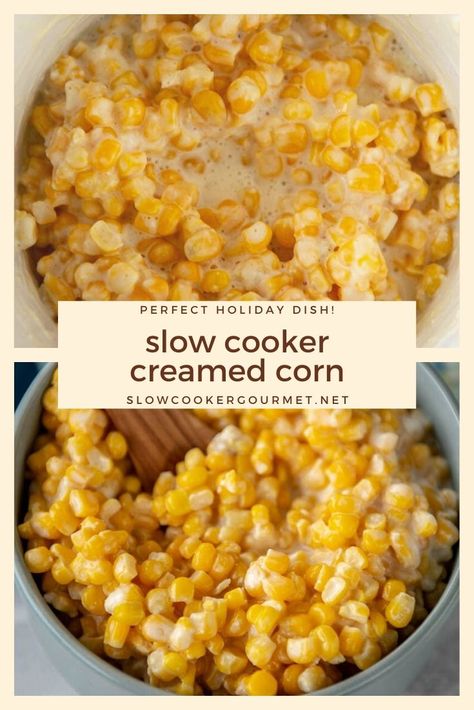 A family tradition for generations, this Slow Cooker Creamed Corn recipe is perfect for any holiday meal! Only 5 ingredients and your slow cooker make this recipe so easy, you'll never use canned creamed corn again! #slowcooker #creamedcorn #sidedish Creamed Corn Recipe With Cream Cheese, Canned Creamed Corn, Creamed Corn Recipe Easy, Frozen Corn Recipes, Canned Corn Recipes, Sweet Cream Corn, Homemade Cream Corn, Slow Cooker Creamed Corn, Corn Recipes Side Dishes