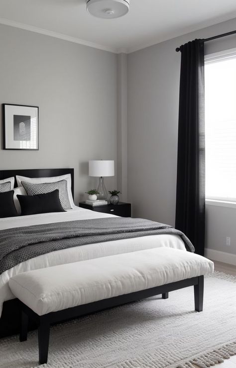 Create a modern and minimalist bedroom by choosing a sleek grey, white, and black color scheme. Incorporate a plush white bedding set, geometric patterned black and white curtains, and add texture with woven black and white rugs and cushions. Black Curtains Bedroom, White Room Decor Bedroom, Black White And Grey Bedroom, Black And White Curtains, Black And White Rugs, Girls Bedroom Grey, Black And Grey Bedroom, White Bedding Set, Modern White Bedroom