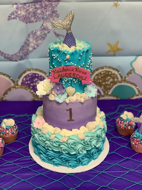 3 tier mermaid cake 3 Tier Mermaid Birthday Cake, 3 Tier Mermaid Cake, Mermaid Two Tier Cake, Ariel Birthday Cake, 3 Tier Birthday Cake, Walmart Cakes, Final Cake, Tiered Cakes Birthday, Tiered Cake Design