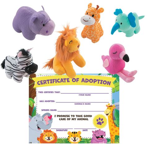 You don't have to leave your classroom or home to have an exciting zoo adventure! Perfect for animal-themed birthday parties, this party favor kit is sure to have guests going wild with excitement. This adoption kit is also perfect for transforming hard work and good behavior in the classroom into the exciting opportunity to adopt a fuzzy plush friend. Watch as students prowl through assignments and leap over obstacles, all in the hopes of earning enough points to bring a cuddly companion to their desk. Complete with "official" adoption certificates, this adoption kit is an unbeatable way to foster responsibility, motivation and a stampeded of enthusiasm! (24 pcs. per unit) © OTC  Includes: o 12 Stuffed Zoo Animals (5") o 12 Paper Zoo Animal Adoption Certificates (11" x 8 1/2")  o Assortme Adopt An Animal Party Favor, Animal Themed Birthday Party, Animal Party Favors, Animal Adoption, Good Behavior, Adoption Certificate, Zoo Animal, Novelty Toys, Zoo Animals